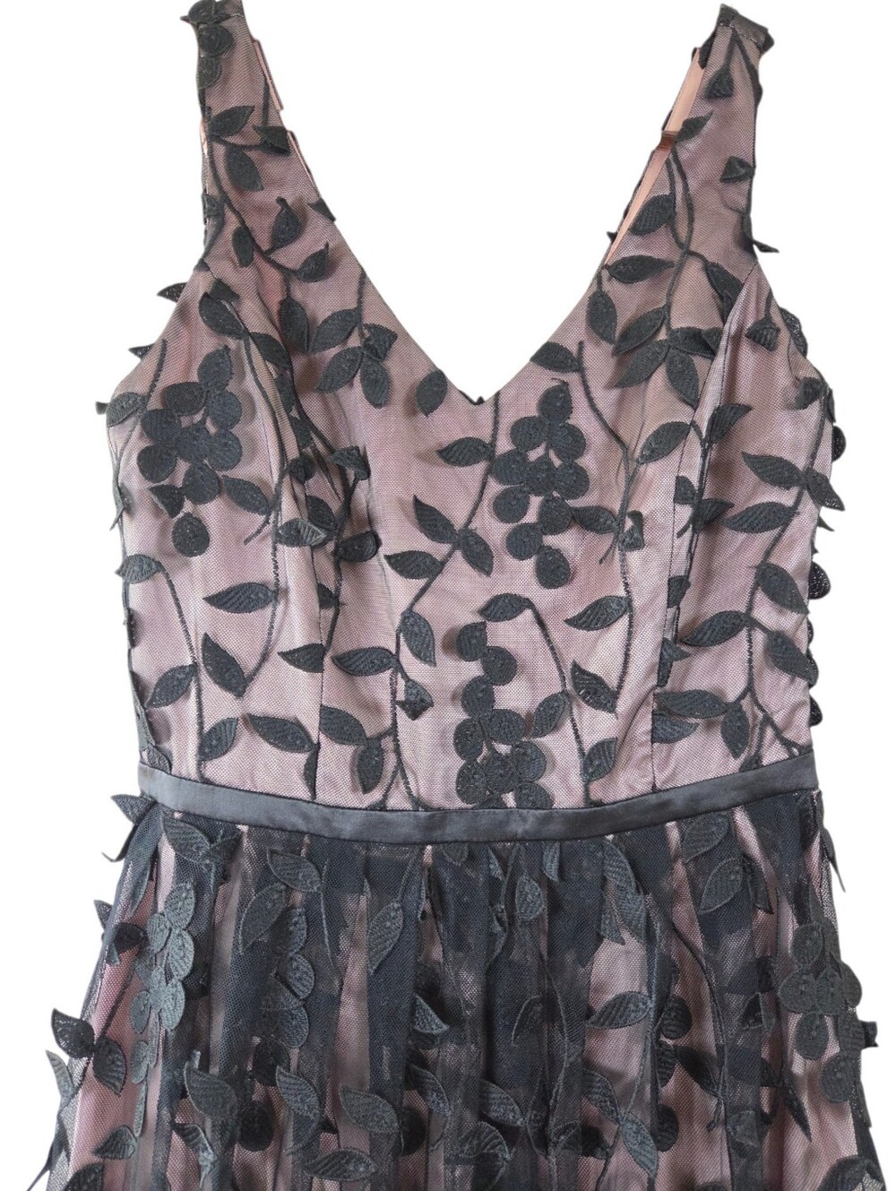 RW&Co Floral Applique Mesh Midi Dress Blush Pink Black Sheer NWT Size 0 Cocktail - Picture 3 of 16